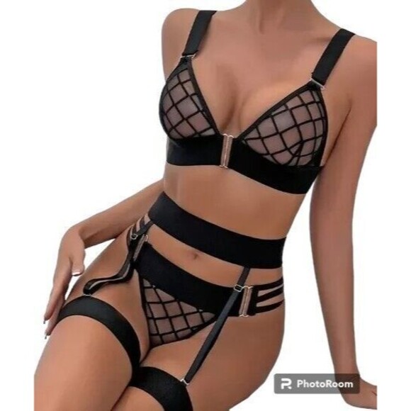 3 Piece Set Bra Thong Garter Size Small Black - Picture 4 of 10